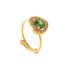 Anello cuore regolabile dorato con zircone verde smeraldo e dettagli in diamante
