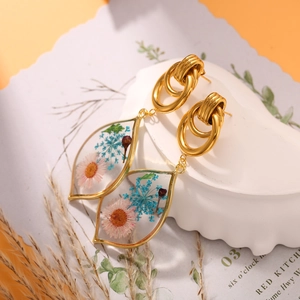 Water drop stainless steel earrings with real dried flowers in gold resin teardrop design