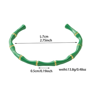 Detail showing dimensions of green bamboo style 18K gold plated stretch bracelet