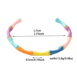 Detail view of colorful enamel bamboo bracelet showing dimensions and weights