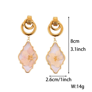 Detail view of resin earrings showing dimensions 8cm by 2.6cm with dried pink flowers