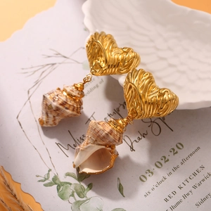 Luxury heart and natural conch shell drop earrings with gold metal accents for women