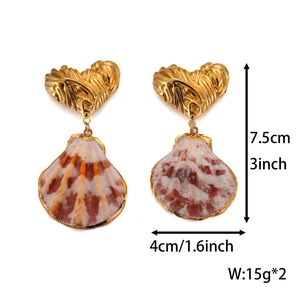 Detailed view of golden heart studs with shell pendants including size measurements