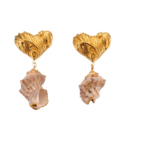 Golden textured heart earrings featuring natural conch shell pendants on white background