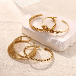 Vintage Stainless Steel Floral Open Bangle Bracelet For Women Gold Plated Textured Layered Flower Branch Cuff Jewelry
