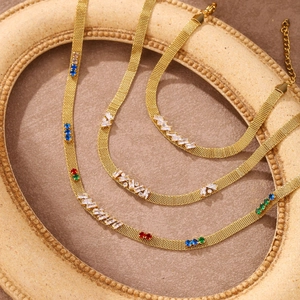 Vintage 18K Gold Plated Stainless Steel Mesh Chain Necklace For Women Geometric Rhinestone Inlaid Clavicle Necklace Bracelet Jewelry