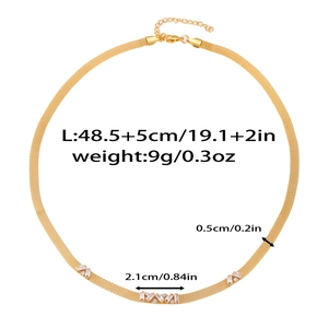 Flat mesh gold necklace with baguette-cut zircons and specific length dimensions