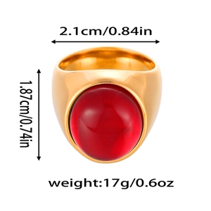Dimensions détaillées de la bague sertie d'une pierre ovale rouge avec taille et poids
