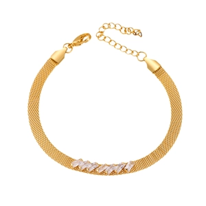 Flat mesh gold chain necklace with emerald-cut zircons and adjustable lobster clasp