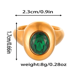 Dimensions détaillées de la bague dorée bombée avec grand cristal vert ovale