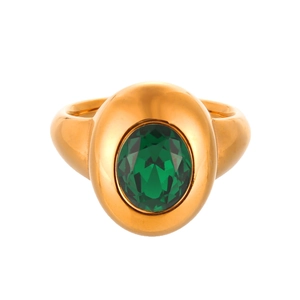 Bague vintage en acier inoxydable doré avec grand gemme verte ovale sur fond blanc