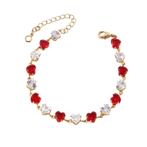 Bracelet élégant en or avec pierres de zircon en forme de cœur rouges et blanches