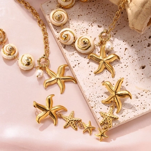 Ozean Stil Edelstahl Gold Seestern Muschel Künstliche Perle Halskette Und Ohrringe Und Armband Strand Urlaub Schmuck Für Damen