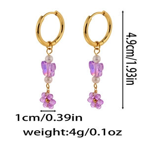 Detail showing dimensions of purple butterfly pearl drop earrings with crystal flower