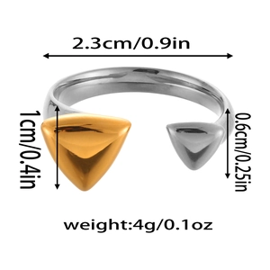 Vista dettagliata di un anello aperto bicolore con dimensioni e peso specifici