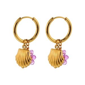 Goldene Creolen mit Saturn-Hufeisen-Muschelanhänger und lavendelfarbenen Kristallperlen