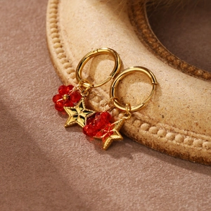 Elegant gold plated star and flower hoop earrings with red crystal beads for women