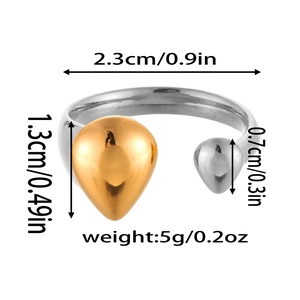 Dimensioni dettagliate dell'anello aperto con ciondoli a goccia bicolore lucidi