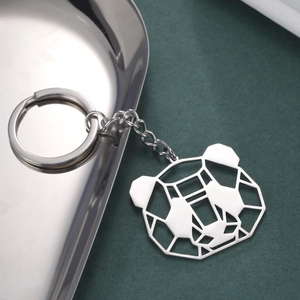 Polished stainless steel keychain featuring a minimalist hollow panda head pendant