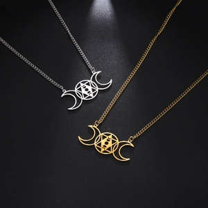 Triple Moon Hexagram Stainless Steel Necklace Moon Phase Witchy Pendant For Women Men Unisex Gothic Pagan Jewelry