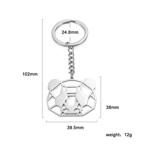 Cute panda hollow-out stainless steel keychain with detailed product dimensions and silver finish