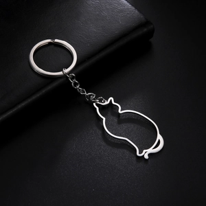 Polished 304 stainless steel keychain with cute hollow cat silhouette pendant