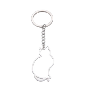 Minimalist silver stainless steel cat silhouette keychain with round split ring and link chain