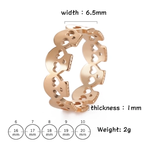 Rose gold stainless steel skeleton ring with hollow heart eyes, 6.5mm band width
