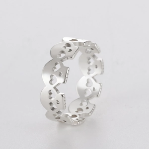 Macro view showing hollow heart-eye skull patterns on this stainless steel ring band