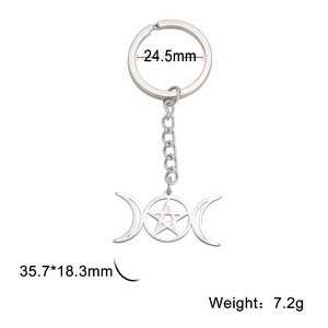 Silver stainless steel triple moon and pentagram keychain with precise measurements