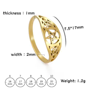 Vintage stainless steel pentagram ring with celtic knot cutout design and size chart