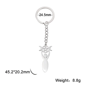 Detail of silver stainless steel keychain showing moon star pendant size and weight