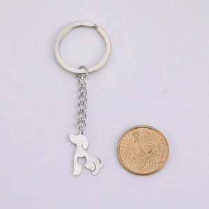 Polished stainless steel dog pendant keychain with hollow heart beside a one dollar coin