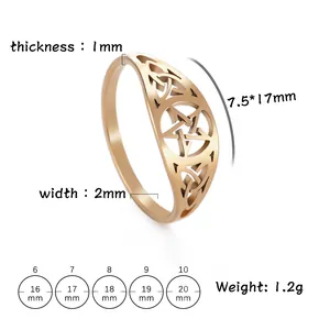 Size chart showing width, thickness, and US ring sizes 6 to 10 for the star ring