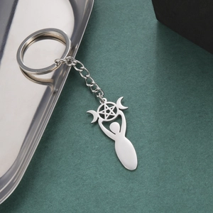 Polished stainless steel keychain with mystical Triple Goddess crescent moon and star pendant