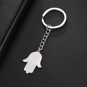 Titanium steel keychain with Hamsa hand palm pendant featuring a brushed silver finish