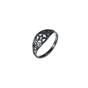Detailed macro view of the black matte gothic star and Celtic knot engraving on the ring