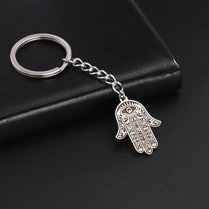 Detail of silver Hamsa Hand keychain with intricate hollowed patterns and evil eye motif