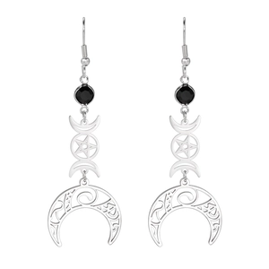Boucles d'oreilles lune en acier inoxydable avec pierre noire et motif pentagramme