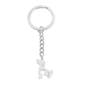 Minimalist silver stainless steel keychain featuring a hollow dog pendant design