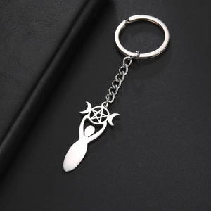 Polished silver Wiccan keychain with triple moon goddess and pentagram symbols