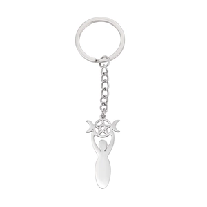 Polished stainless steel keychain featuring triple moon and pentagram goddess pendant