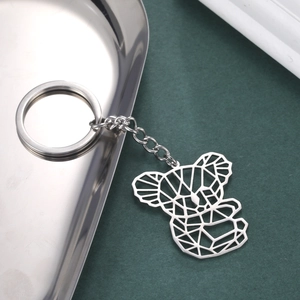 Minimalist silver stainless steel koala keychain with geometric hollow-out animal pendant