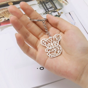 Minimalist silver stainless steel keychain featuring a geometric hollow koala charm pendant