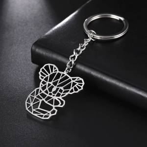 Detailed view of silver stainless steel keychain featuring a geometric koala hollow design
