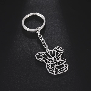 Detailed view of silver geometric hollow koala keychain made of polished stainless steel
