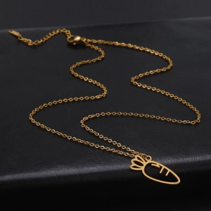 Minimalist gold carrot hollow pendant necklace with adjustable chain on black leather