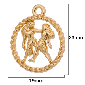 Detail view of a 23mm golden Gemini zodiac pendant with intricate openwork design