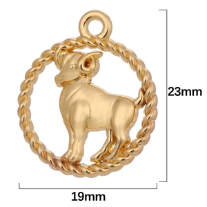 Detail view of a 23mm golden Aries zodiac pendant with twisted rope border and ram design