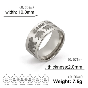 Minimalist silver mama bear stainless steel wide ring band with bear silhouettes